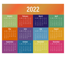 Calendar for 2022-illustration. Layout. The week starts with a Sunday vector template. Simple design. Each month has its own color