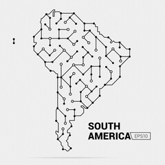 Abstract futuristic map of South America. Electric circuit of the continent. Vector illustration.