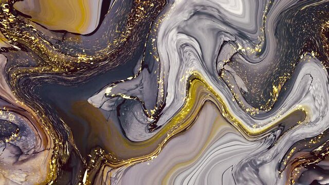 Gold and blue alcohol ink motion background, golden design elements, fluid marble decorative art
