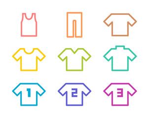 ファッションに関する線のアイコンセット。Tシャツやパンツのカラフルなふちどりアイコン。背番号のついたユニフォームのイラスト。