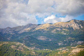 Mountain view near Budva Riviera, view from St. Nicholas Island in Montenegro.