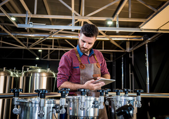 Young male brewer in leather apron supervising the process of beer fermentation at modern brewery factory