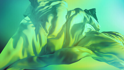 Fototapeta na wymiar 3d render. Abstract fashion background with mint green drapery. Silk cloth is blown away by the wind