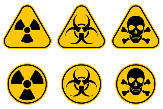Danger warning set circle and triangle yellow sign. Radiation symbol, toxic sign and Biohazard vector icon isolated on white background.