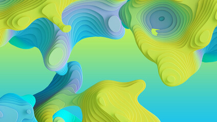 Fototapeta na wymiar 3d render, abstract colorful neon background with volumetric curvy shapes and wavy lines. Blue mint green yellow creativewallpaper with marbling effect