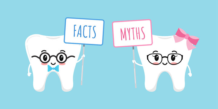 Cute tooth with fact and myth plates. Dental true or fiction education concept, dentistry character girl and boy in glasses. Flat cartoon design vector illustration happy kawaii teeth character. 