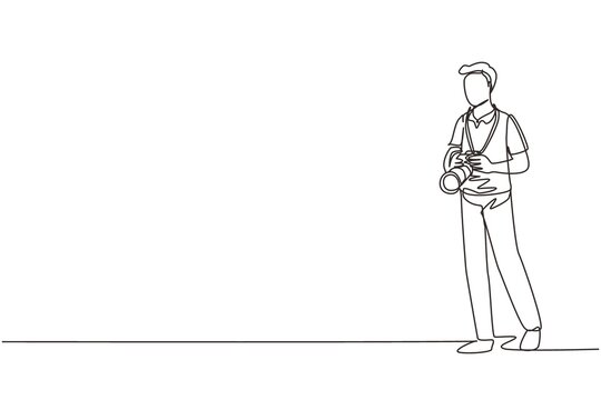 Continuous one line drawing professional photographer, people holding camera. Pictures made by employees, photographs by cameraman. Man experts job. Single line draw design vector graphic illustration