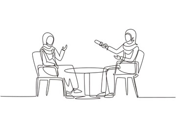 Single one line drawing talk show studio with interviewing, discussing hosts. People recording tv program, Arab woman journalist questioning guest star. Continuous line draw design vector illustration