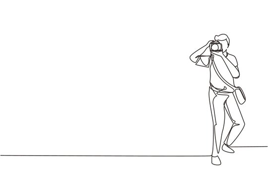 Single continuous line drawing man with camera and sling bag taking pictures. Paparazzi or journalist occupation, digital photography hobby. Dynamic one line draw graphic design vector illustration