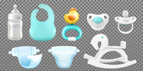 Baby care accessories. Realistic childish isolated items, hygiene products baby bottle for milk, pacifiers for newborns, nipples, child's wooden rocking horse, baby bib, rattle, diapers. Vector