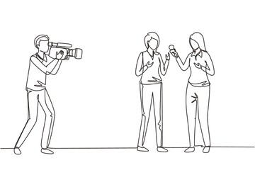 Single one line drawing woman journalist with microphone, interview man in front of camera at tv studio. Reporter, cameraman broadcast breaking news at live stream. Continuous line draw design vector