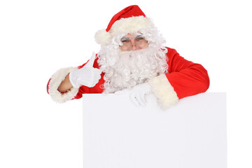 Crazy cheerful Santa Claus near copy space area, isolated over white background. Merry Christmas and New Year concept