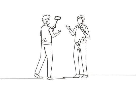 Single continuous line drawing presenter filming video blog with an operator on the street. Man bloggers, journalists filming with professional smartphone and videographer. One line draw design vector