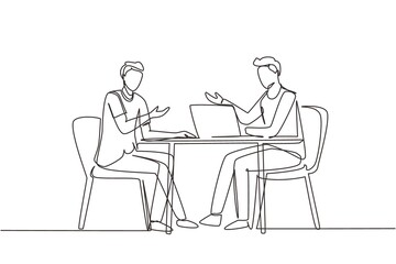 Fototapeta na wymiar Single continuous line drawing male interviewing famous person in studio for tv show. Concept of television or internet broadcast with journalist talking to celebrity. One line draw design vector
