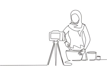 Continuous one line drawing Arabian woman preparing dessert at kitchen, stirring dough with spatula. Cooking live streaming. Blogger prepares meal online. Single line draw design vector illustration