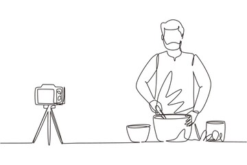 Single continuous line drawing vegetarian food blogger, Arabian man stir and cook vegetable salad. Online culinary course tutorials, foods preparation vlog. One line draw design vector illustration