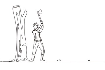 Single one line drawing female lumberjack with an ax chopping wood. Woodcutter chopping tree with axe. Wearing shirt, jeans, boots. Woman with ax in her hands cut tree. Continuous line design vector