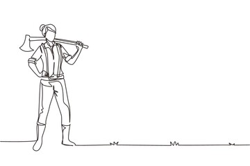 Continuous one line drawing woman lumberjack pose on logging forest. Female lumberjack standing and holding on her shoulder a ax with long wooden handle. Single line draw design vector illustration