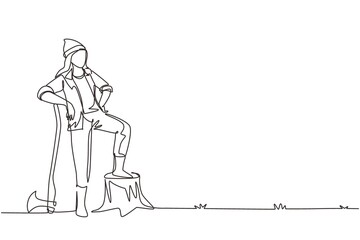 Continuous one line drawing beautiful woman lumberjack wearing workwear and beanie hat, standing with axe and posing with one foot on a tree stump. Single line draw design vector graphic illustration