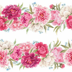 Beautiful vector seamless floral pattern with hand drawn watercolor gentle pink peony flowers. Stock illuistration.