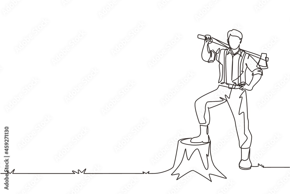 Wall mural single one line drawing smiling lumberjack wearing shirt, jeans and boots. holding on his shoulder a