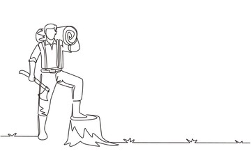 Single one line drawing lumberjack or woodcutter holding timber and axe. Wooden materials manufacturing, standing with axe, posing with one foot on tree stump. Continuous line draw design illustration