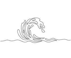 Continuous one line drawing water splashes wave twirl isolated surge blue sparks breaker. Wave curly shapes icon symbol on white background. Single line draw design vector graphic illustration