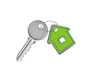 metal silver key with a keychain in the form of a green house on a white background 
