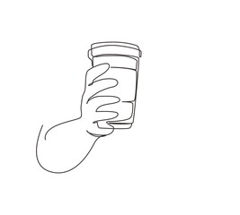 Single continuous line drawing hand holding disposable paper cup of hot coffee or tea. Hand holding reusable mug of hot chocolate. Zero waste. Modern One line draw graphic design vector illustration