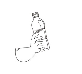 Single continuous line drawing hands holding plastic bottle of pure drinking water refreshing. Human drinking water after run, sport and health care concept. One line draw design vector illustration
