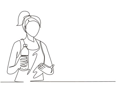 Single one line drawing cute woman holding and showing water in plastic bottle and ready to drink. Relaxing and enjoying life on air. Disposable bottle. Continuous line draw design vector illustration
