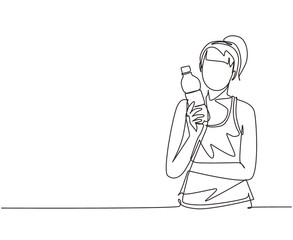 Single continuous line drawing beautiful happy woman holding water in plastic bottle and ready to drink. Relaxing and enjoying life on air. Dynamic one line draw graphic design vector illustration