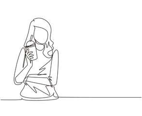 Single continuous line drawing happy young asian woman drinking boba milk tea, bubble milk drink, pearl milk tea. Tapioca tea, asian exotic beverage concept. One line draw design vector illustration