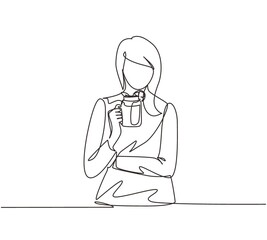 Single one line drawing pretty woman holds mug of fruit-berry lemonade with ice in hand. Young girl wearing shirt having morning breakfast with orange juice. Continuous line draw design graphic vector