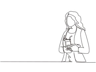 Single one line drawing woman girl student holding glass with lemonade fresh lime juice orange, traditional Spanish beverage. Fresh organic lemon, lime. Continuous line draw design vector illustration