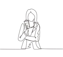 Continuous one line drawing beautiful young woman holding paper cup of hot coffee on street city. Enjoys leisure time, dressed in stylish clothes. Single line draw design vector graphic illustration