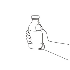 Single one line drawing hand holding fresh milk on bottle glass packaging healthy drink product. Fresh milk for health food nutrition. Modern continuous line draw design graphic vector illustration