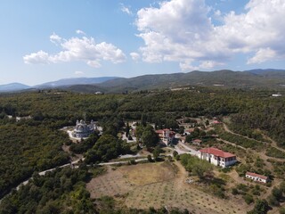 Aerial View Holy Monastery Of Panagia Dovra, And Under Construction Church Of St. Luke With The Golden Domes In Veria, Imathia, Greece, Macedonia - obrazy, fototapety, plakaty