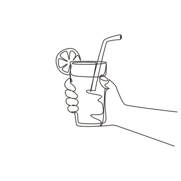 recommend clip art: Single continuous line drawing lemonade served with ice cubes, hand holding refreshing beverage glass. Drink made of fresh lemon juice. Juicy water with straw. One line draw graphic design vector