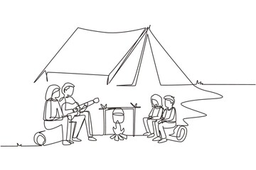 Single continuous line drawing happy family around campfire tent boil water in pot and sitting on logs. Dad playing guitar and sing song with mom and children. One line draw design vector illustration