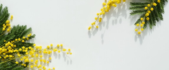 Yellow mimosa flowers frame top view on white backdrop with copy space. Banner. Spring flowers background. - obrazy, fototapety, plakaty