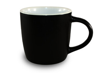 cup of black color, for tea and coffee, porcelain, isolated image on white.