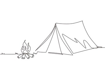 Single continuous line drawing family adventure camping evening scene. Tent, nature, campfire, pine forest and rocky mountain, starry night sky with moonlight. One line draw design vector illustration