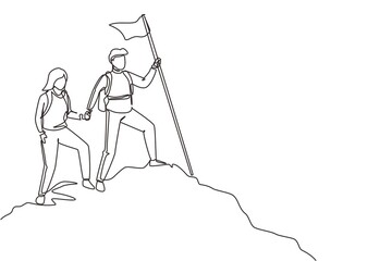 Single one line drawing young couple man woman hikers tourists backpackers holding hands stand on hill with flag on mountains. Vacation trip recreation. Continuous line draw design vector illustration
