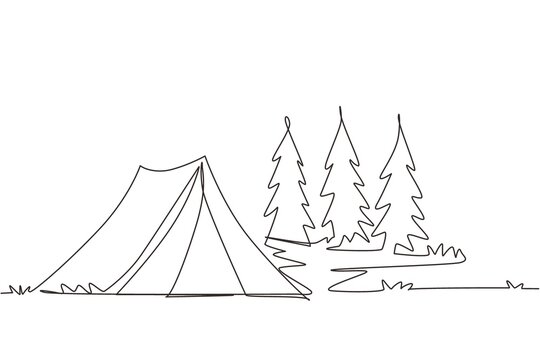 Single one line drawing tourist tent in pine forest, mountains on cloudy sky. Summer camping. Natural outdoor activities. Tent and fire camp. Continuous line draw design graphic vector illustration