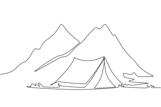 Single one line drawing adventure camping night landscape. Tent, campsite, pine forest and rocky mountains. Sports, hiking, camping, outdoor recreation. Continuous line draw design vector illustration