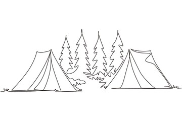 Continuous one line drawing two tents camping tourist pine forest mountain expedition. Travel, adventure, nature, expedition and vacation concept. Single line draw design vector graphic illustration