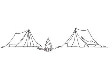 Single one line drawing two tent with bonfire. Climbing, trekking, hiking, walking. sports, camping, outdoor recreation, adventures in nature, vacation. Continuous line draw design vector illustration - obrazy, fototapety, plakaty