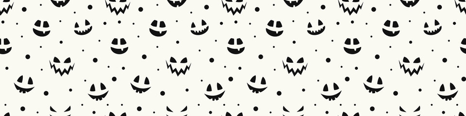 Funny Halloween texture with funny pumpkin face. Seamless pattern. Banner. Vector