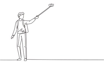 Continuous one line drawing climber man with selfie stick and backpack hiking in mountain. Extreme sport travel nature, alpinist standing and making selfie. Single line draw design vector illustration